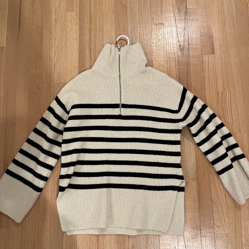 Oversized Cream and Black Striped Quarter Zip Sweater